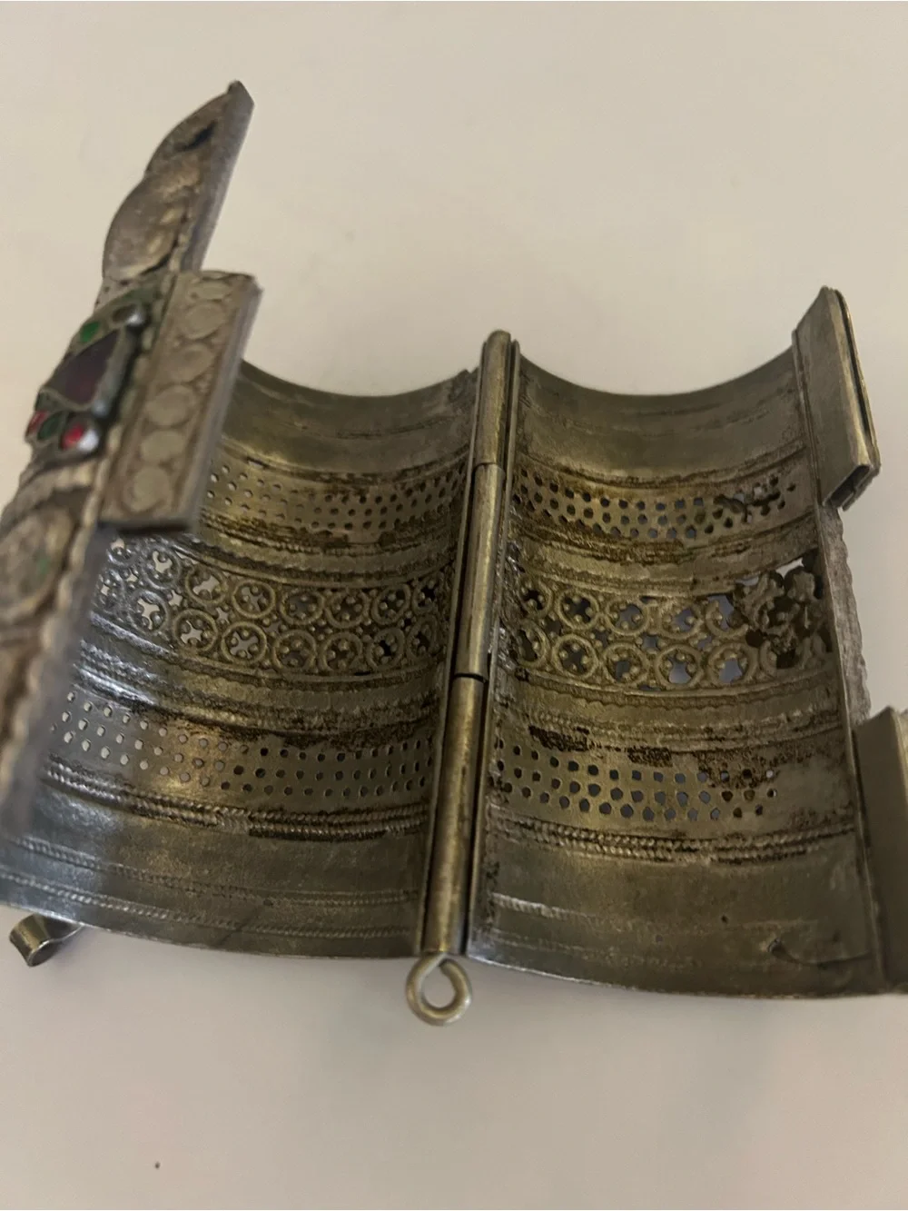 Ornate Silver-Tone Decorative Cuff with Red & Green Stones from India